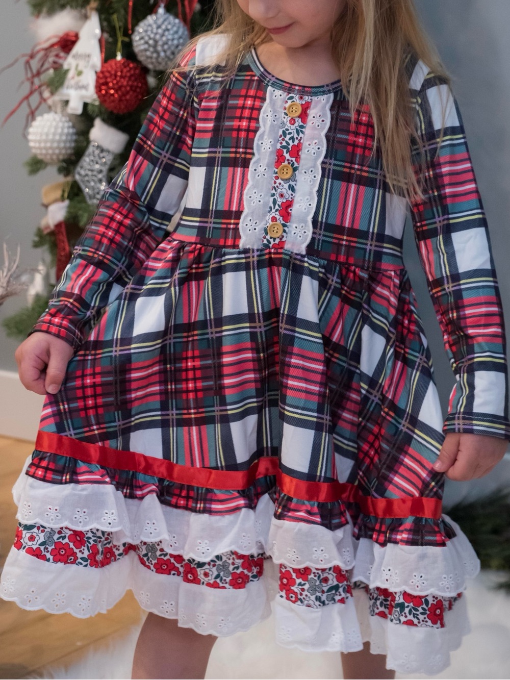 Girls Red Plaid Lace-Trim Holiday Dress